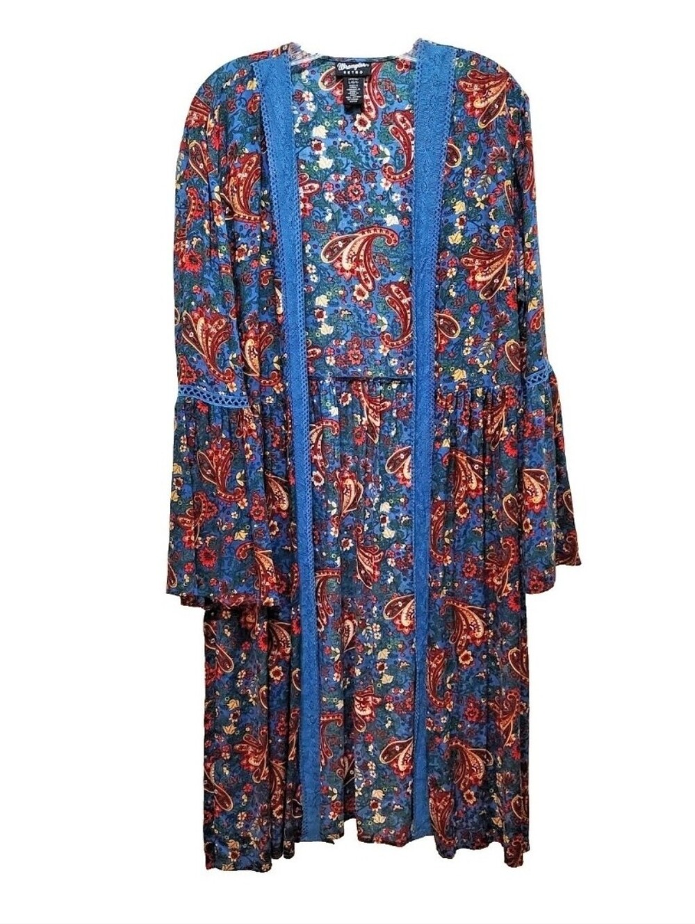 Wrangler Retro Kimono Duster Women Paisley Bell Sleeves Crochet Boho Cottagecore